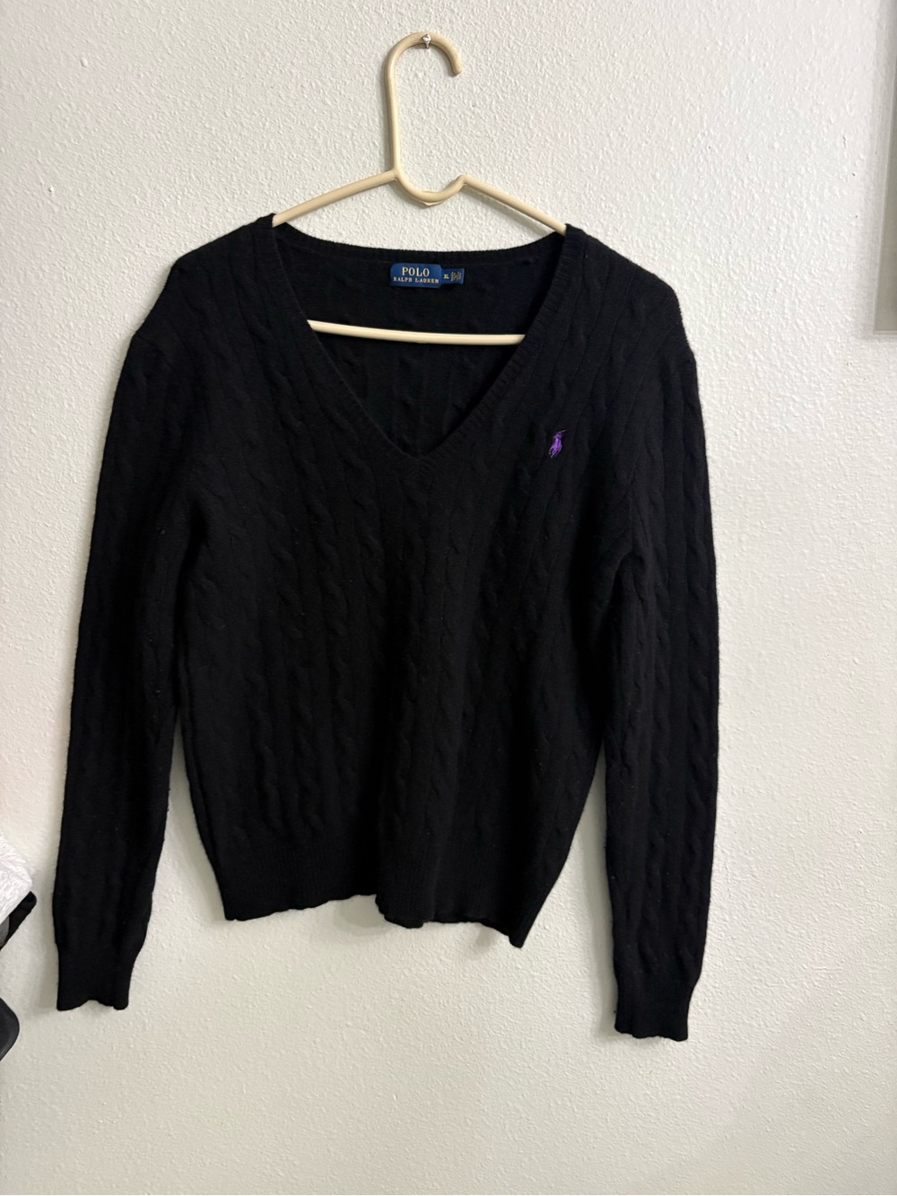 Polo Ralph Lauren V-Neck Cable Knit Wool Cashmere Sweater Womens Size L
Black
